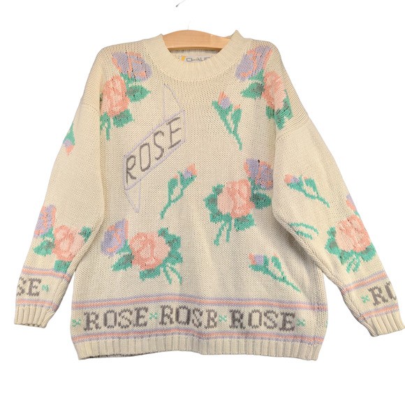 Chaus Women's Rose Pullover Knit Sweater Cream Medium Floral Crew Neck - Picture 1 of 12